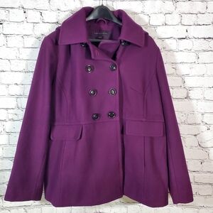 Apostrophe Purple Wool Blend Double-Breasted Pea Coat Removable Hood Size 16-18W